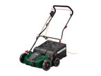 Green electric lawnmower with a black grass collection bag and orange power cord.