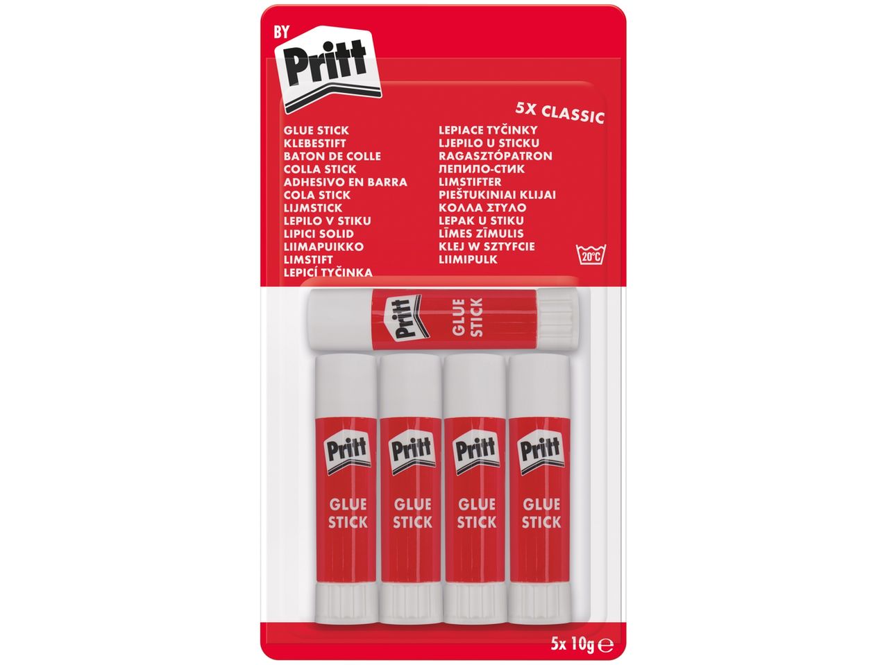 A pack of five Pritt Glue Sticks, with product details in multiple languages.