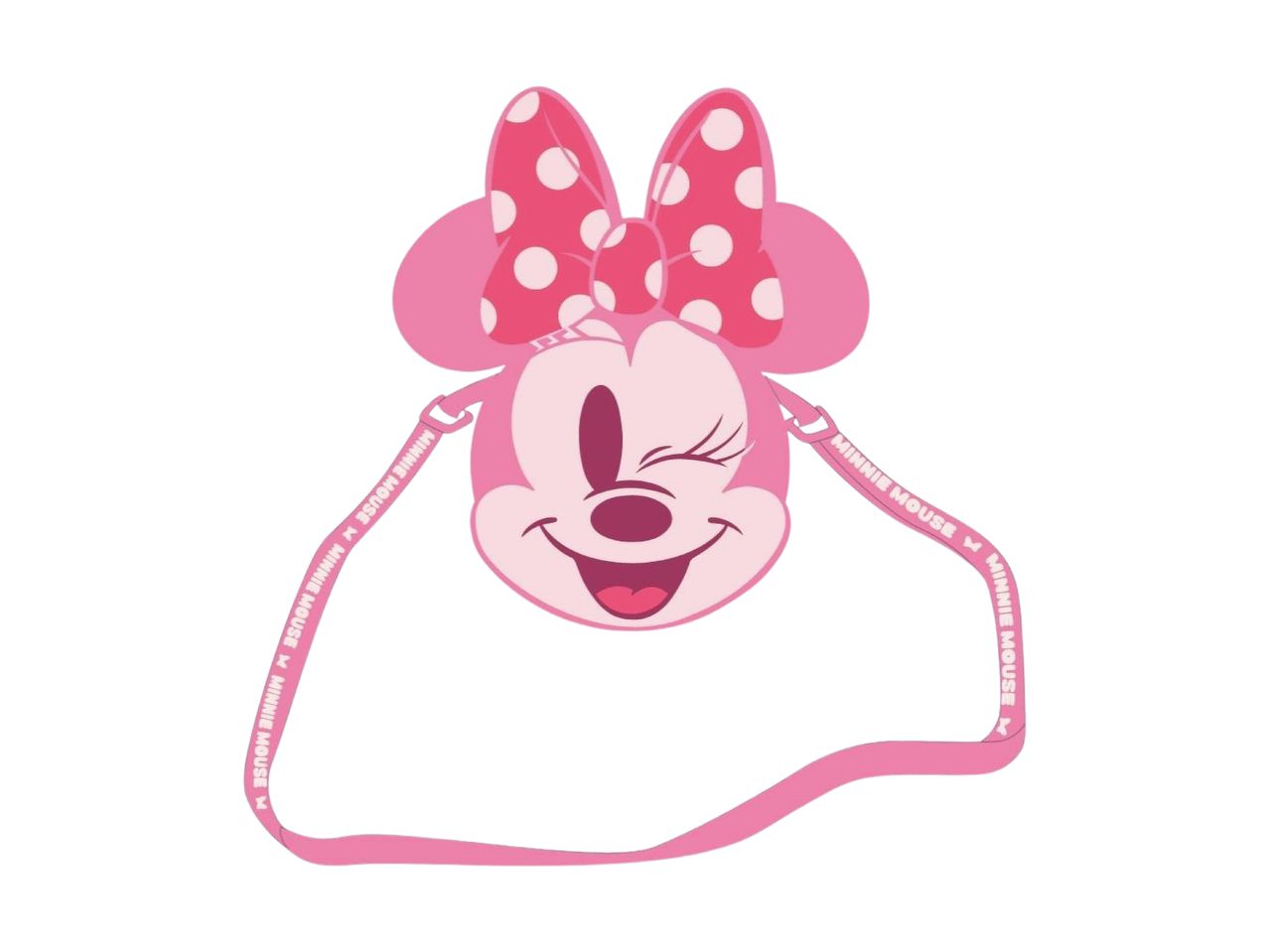 A pink Minnie Mouse crossbody bag with a winking face and polka dot bow.