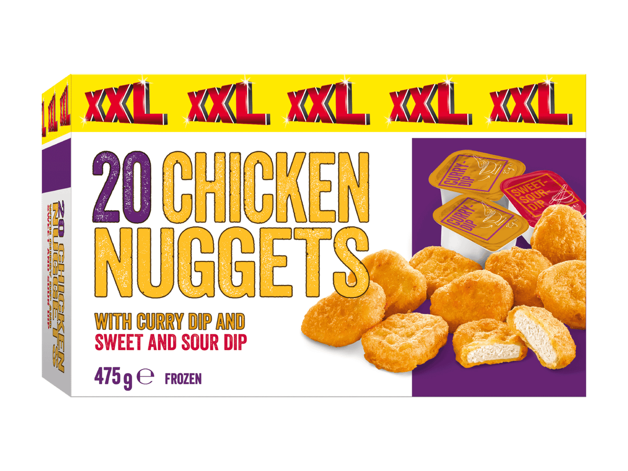 20 nuggets de poulet XXL surgelés avec sauces curry et aigre-douce.