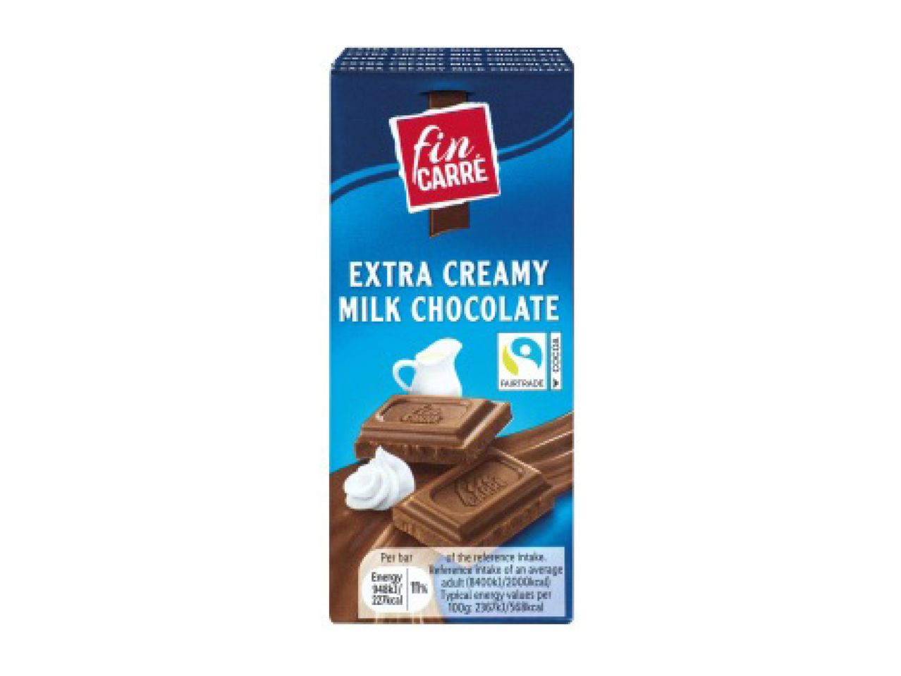 Extra creamy milk chocolate bar with a Fairtrade logo and nutritional information.