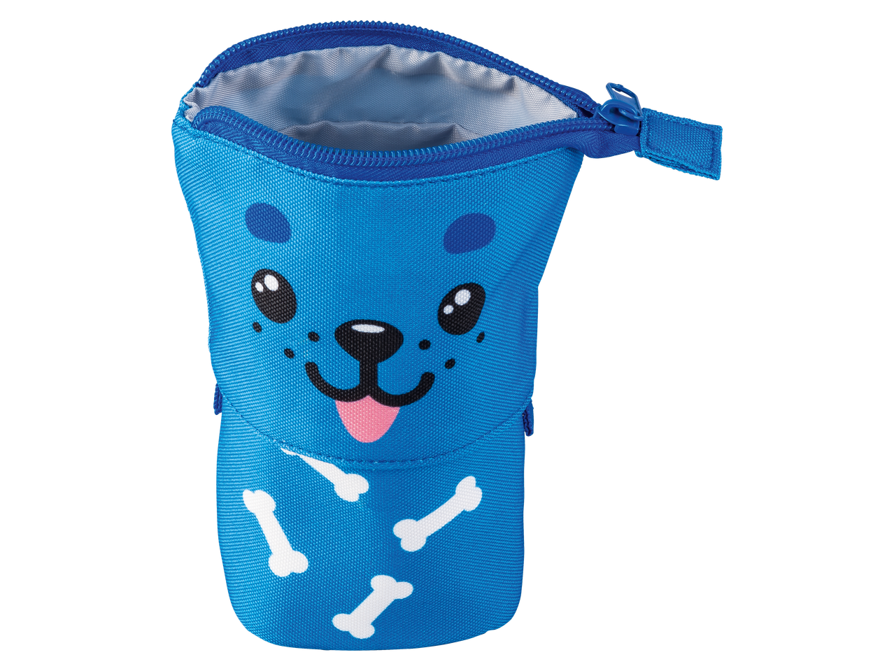 Blauwe etui met cartoonhondengezicht en witte botten, geopend met rits