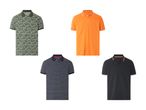 Fire forskellige polo-shirts i forskellige farver og mønstre.