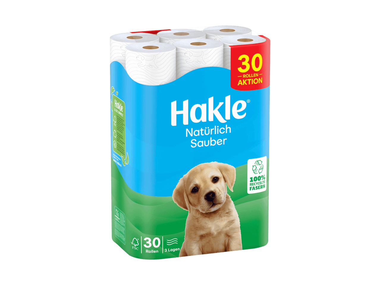 Packung mit 30 Rollen Toilettenpapier mit einem Labradorwelpen, 100% recycelte Fasern.
