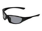 Black sports sunglasses with grey lenses, angled view.