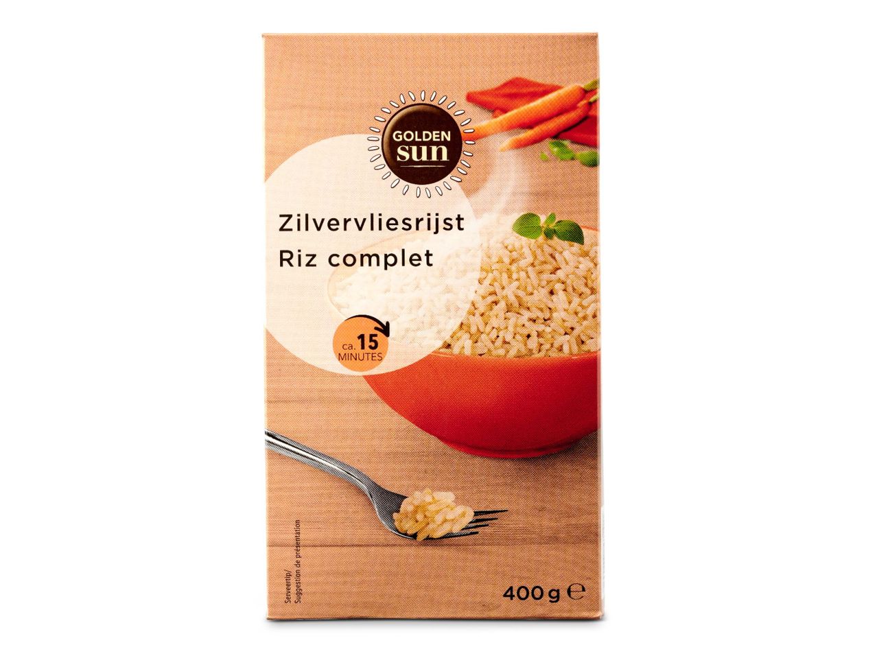 Golden Sun volkorenrijst, 400g verpakking.