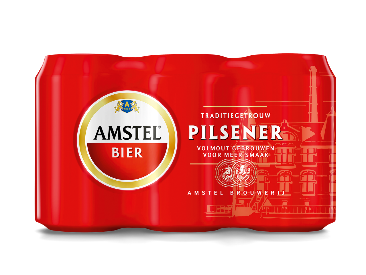 Rood sixpack pilsener bierblikjes met traditionele brouwerijafbeeldingen en tekst.
