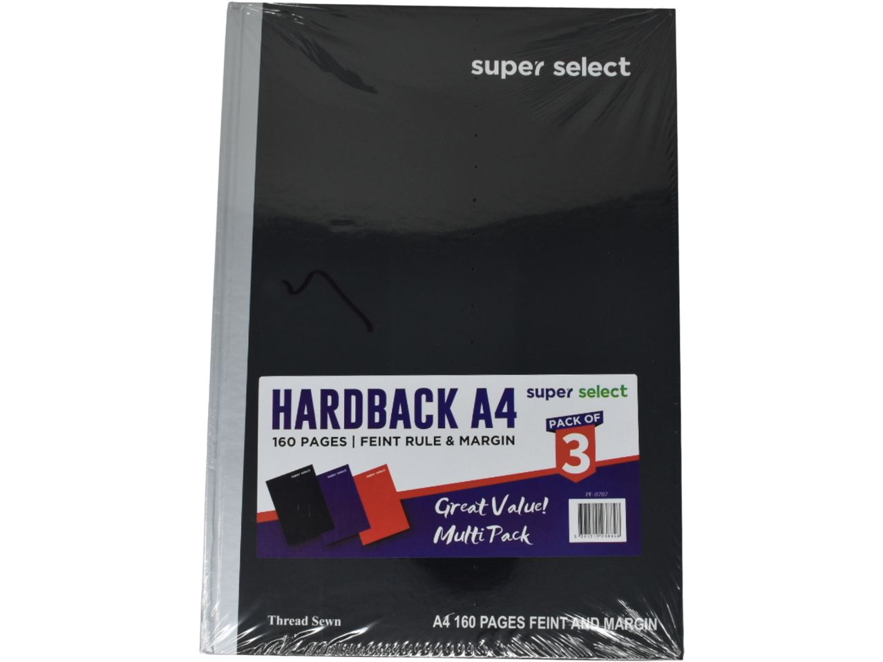 A multipack of three A4 hardback notebooks with 160 feint ruled and margin pages.