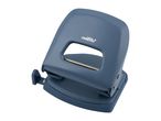Blue two-hole paper puncher with a silver metal bar and a paper guide