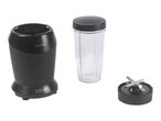 Black blender base with a clear blending cup and a blade attachment.