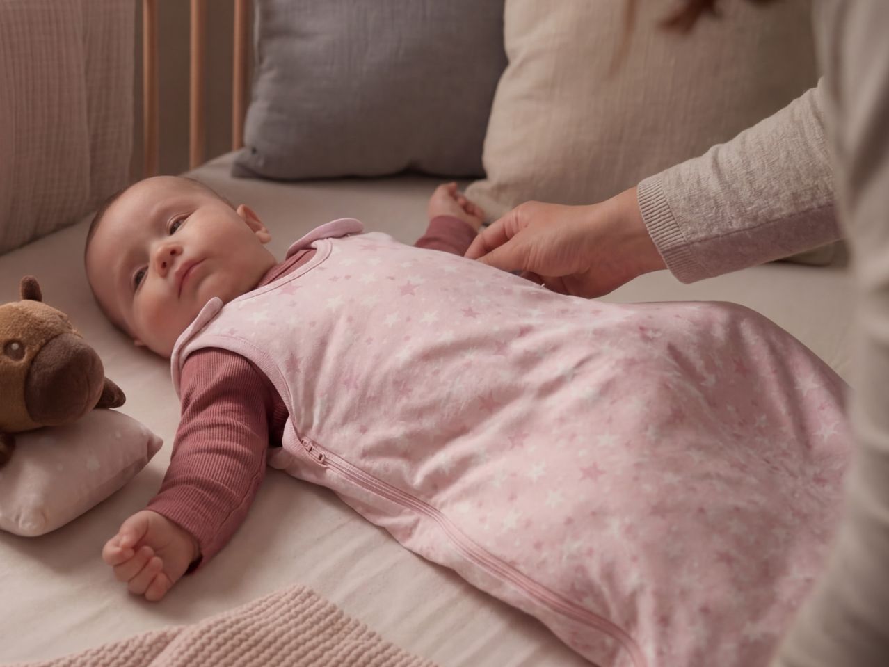 Baby in a pink star-patterned sleeping bag, with a hand adjusting it in a crib.