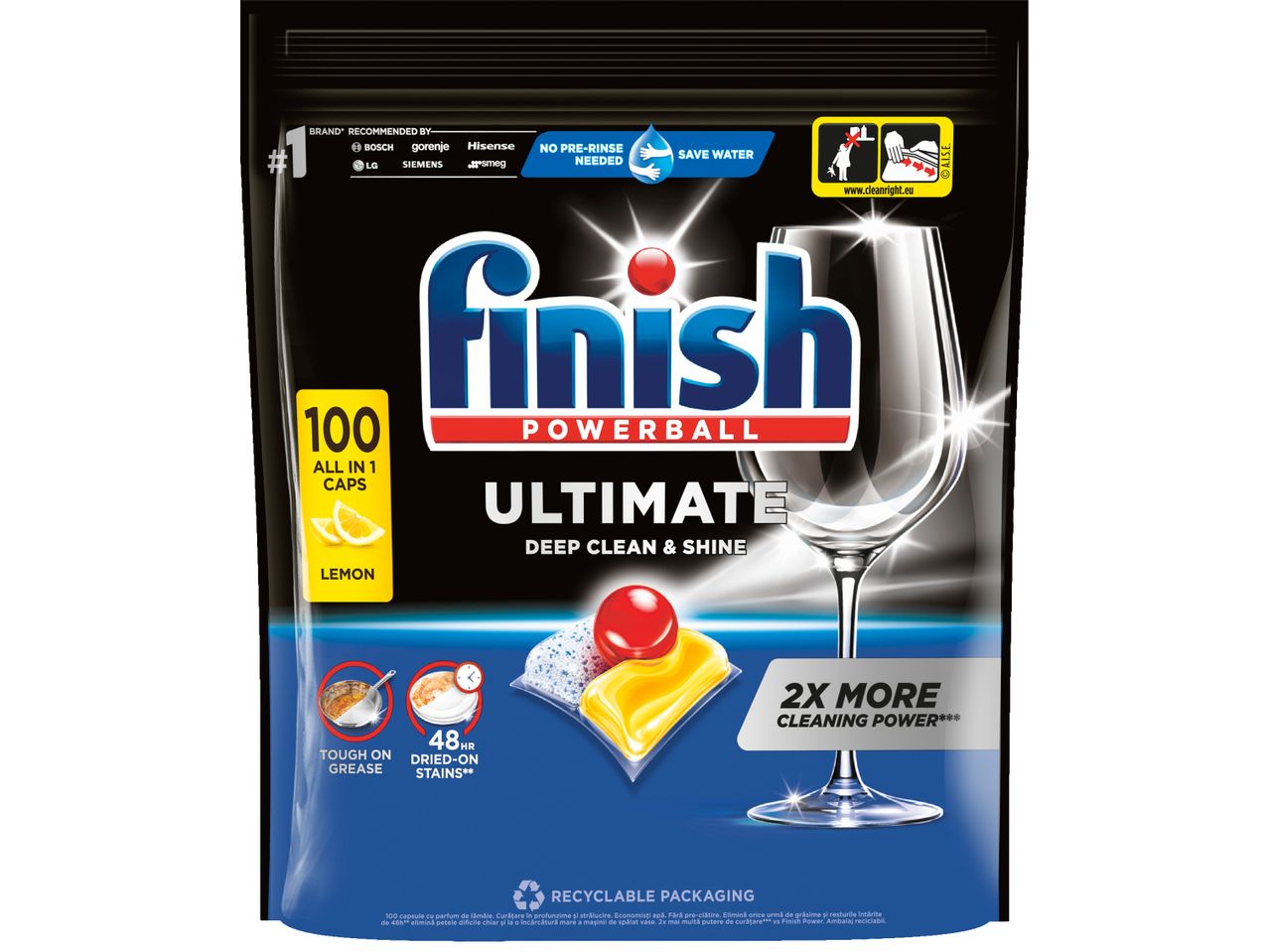 Опаковка на Finish Powerball Ultimate с 100 капсули за съдомиялна машина с аромат на лимон.