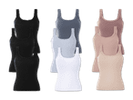 Sechs Paar Damen-Tanktops in verschiedenen Farben mit Spitzenbesatz.