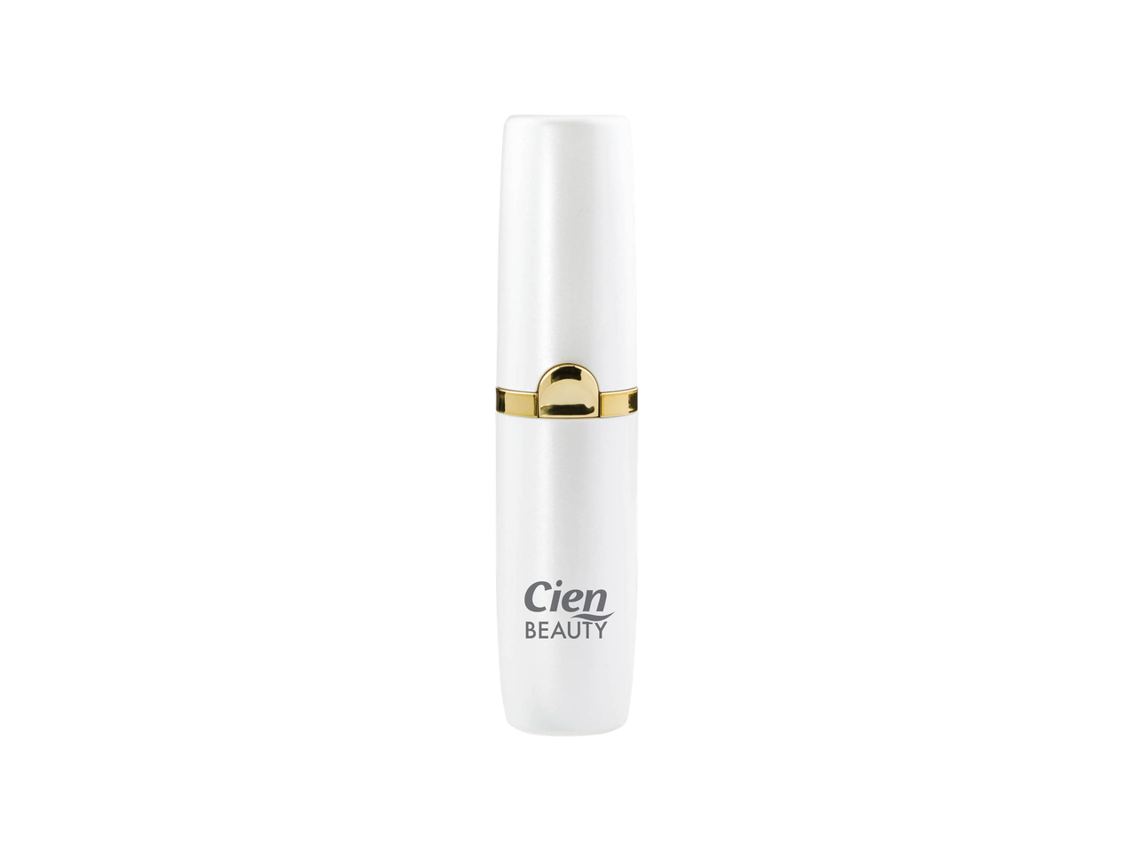 White lipstick or lip balm tube with a gold band and the word 'BEAUTY'.
