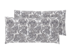Two rectangular pillows with a gray and white paisley pattern, stacked on a black background.