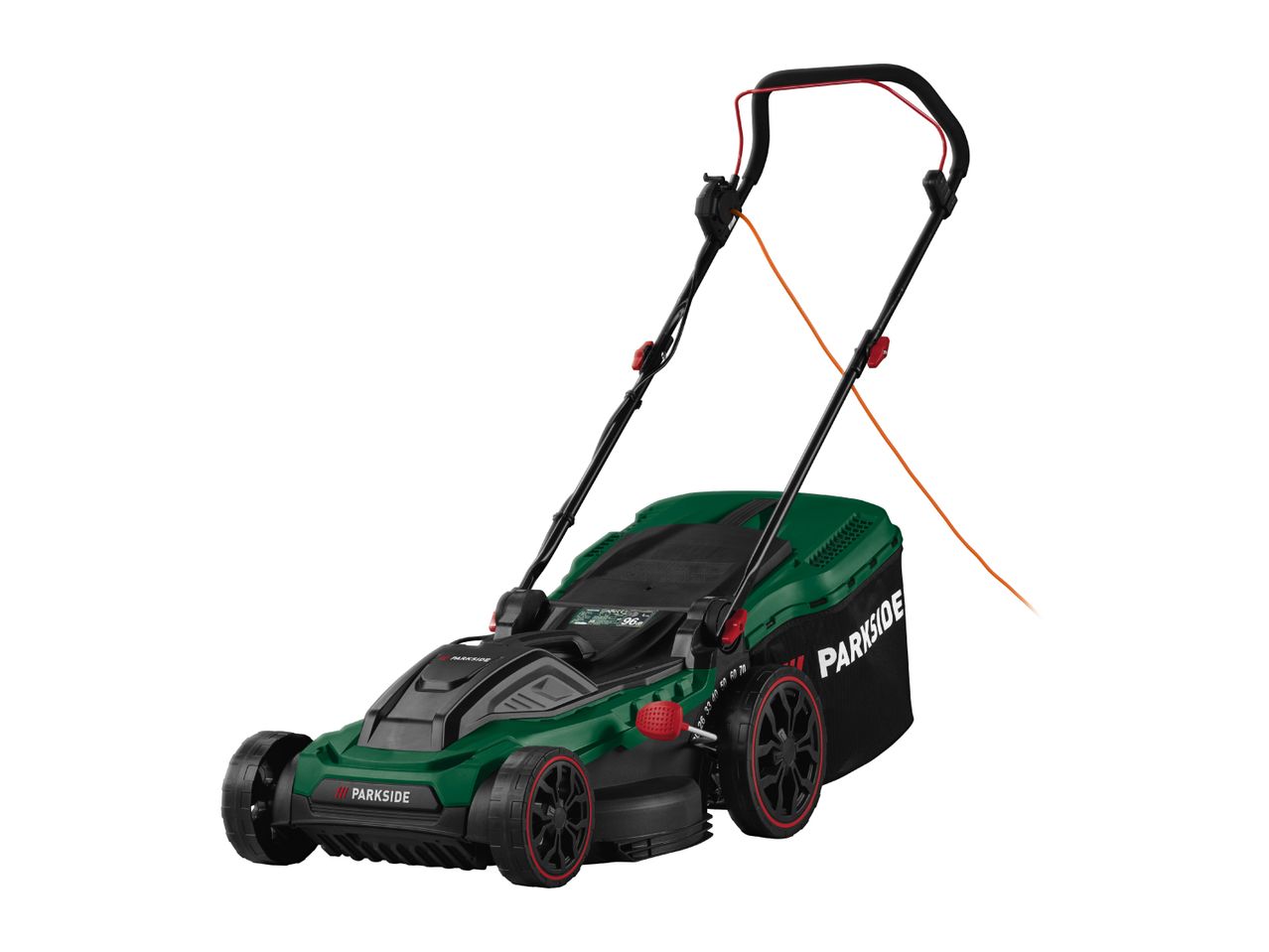 Green electric lawnmower with black wheels and an orange power cord.