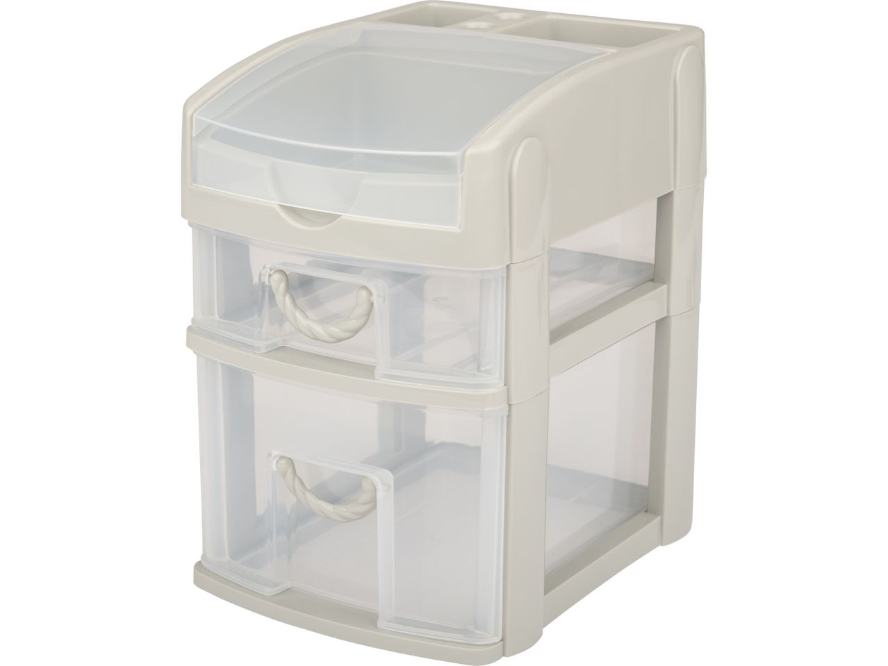 A white plastic two-tiered storage container with a hinged lid.