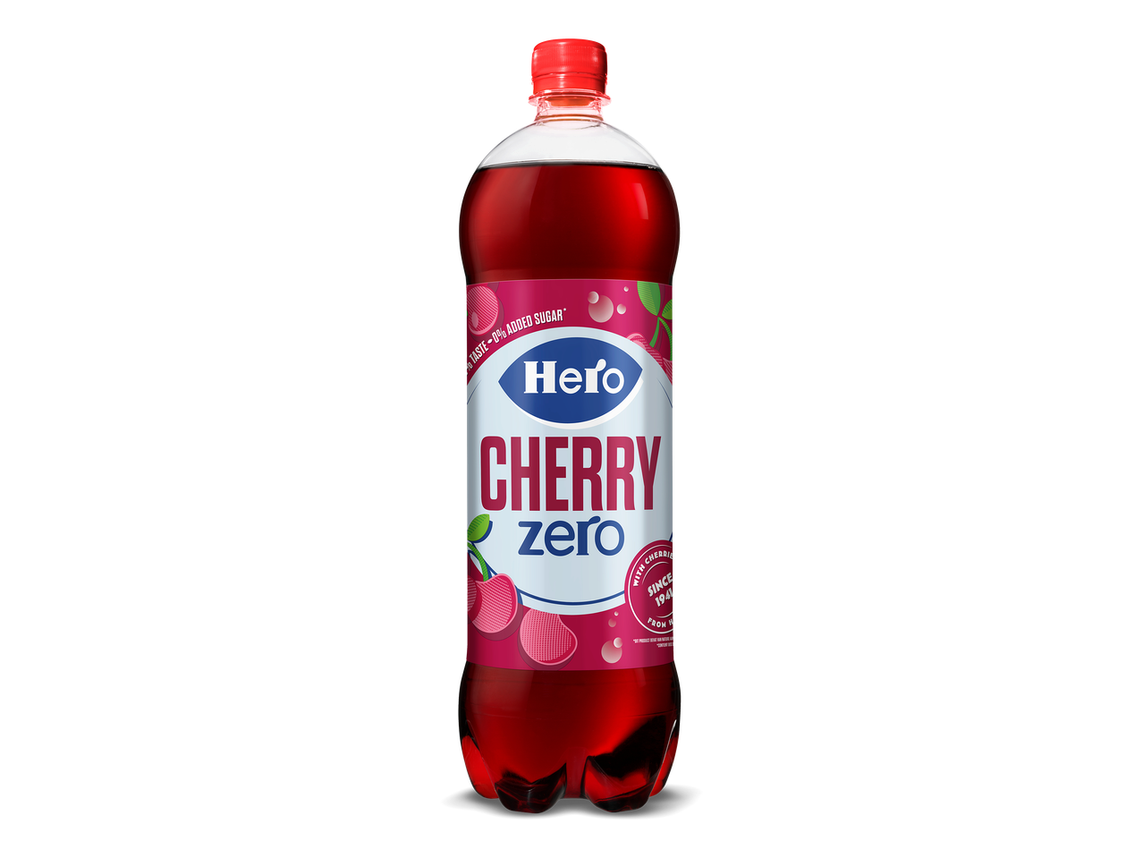 Fles kersensoda zonder suiker, met de tekst '0% toegevoegde suiker'.