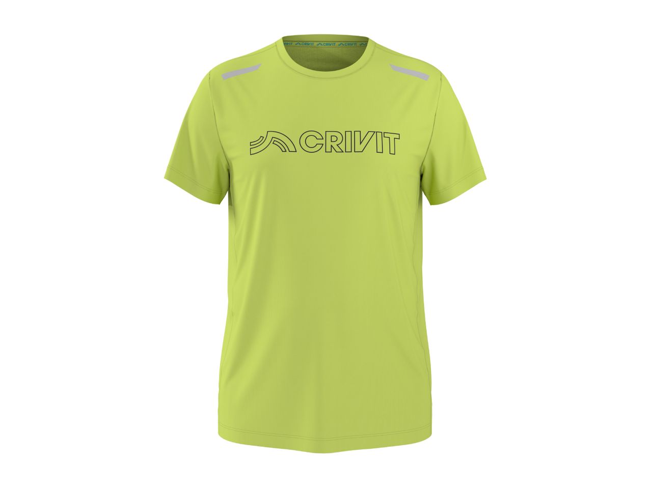 Lime green short-sleeved sports t-shirt with a black outline logo on the chest.