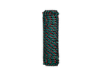 A coiled length of teal and red rope stands vertically against a black background.