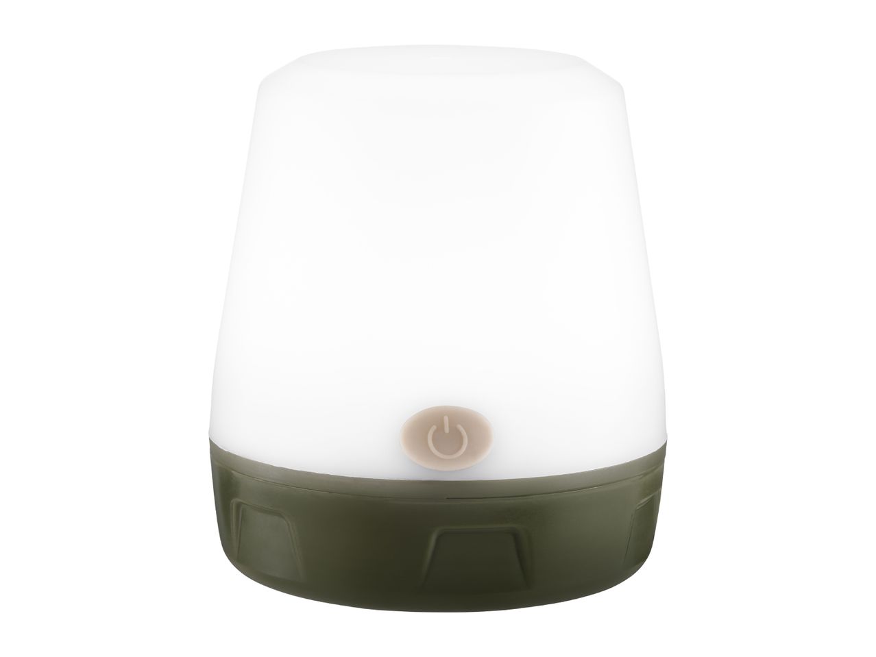 Portable camping lantern with a white diffuser and a dark green base, featuring a power button.