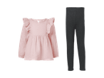 Sæt med lyserød bluse med flæser og mørkegrå ribstrikkede leggings til baby.