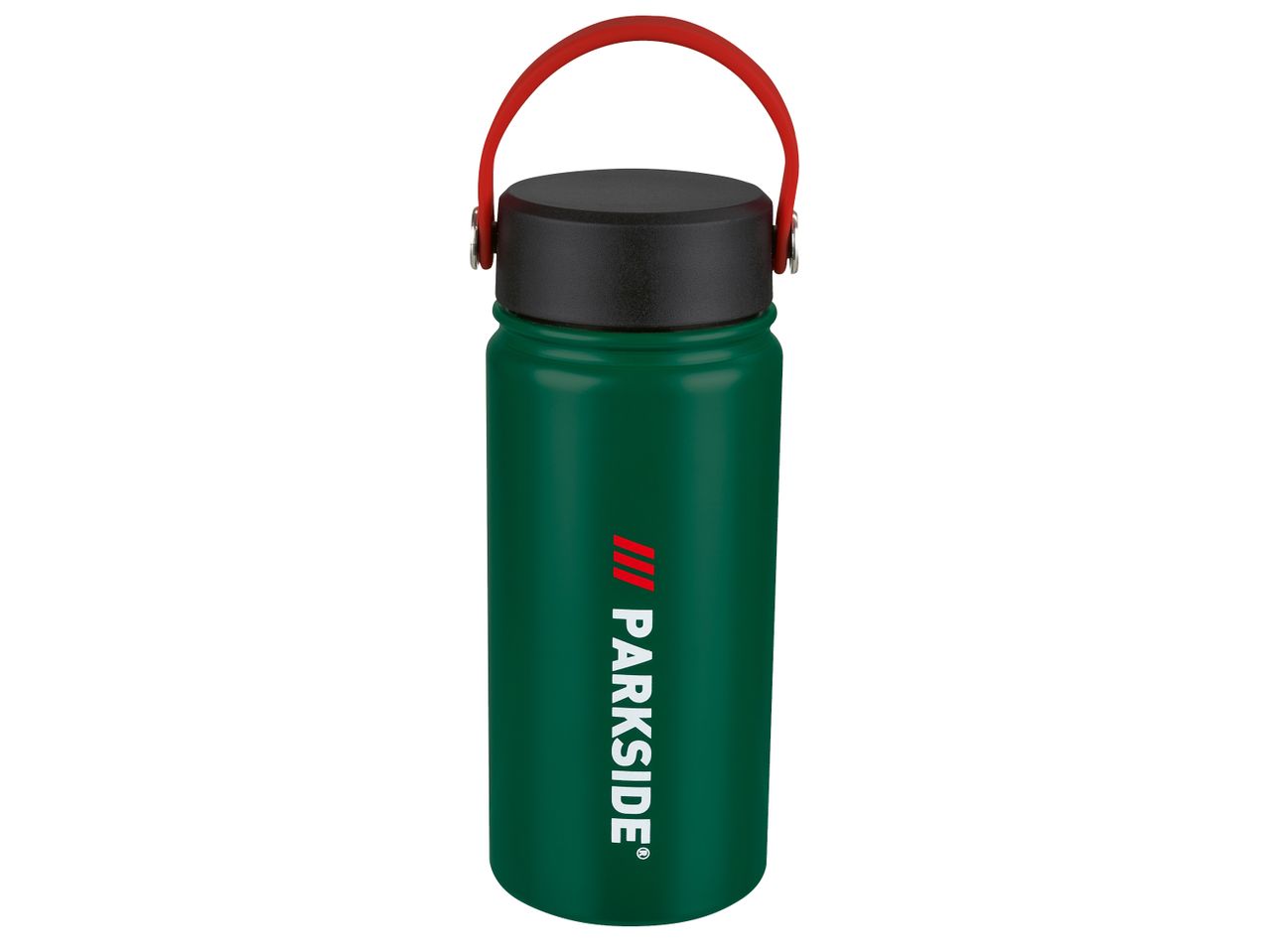 Зелен термос Parkside® с червена дръжка.