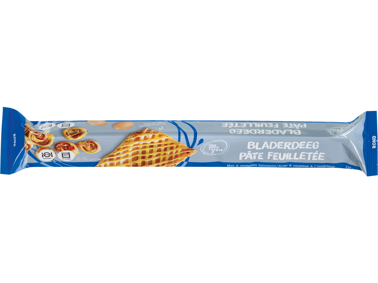 Chef Select Pâte Feuilletée, un emballage de pâte feuilletée avec des recettes.