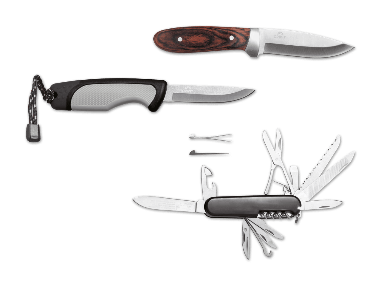Drei Crivit-Messer, darunter ein feststehendes Messer, ein Gebrauchsmesser und ein Multifunktionswerkzeug.