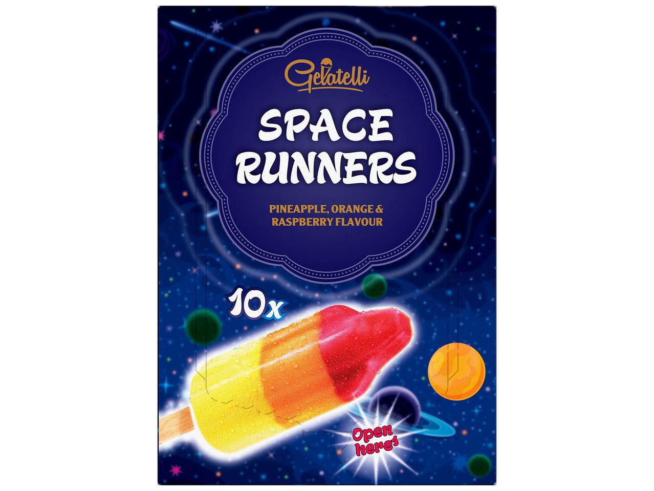 Boîte de 10 glaces Cadbury Space Runners aux saveurs fruitées.