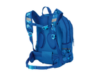 Uma mochila escolar azul com padrão de camuflagem.