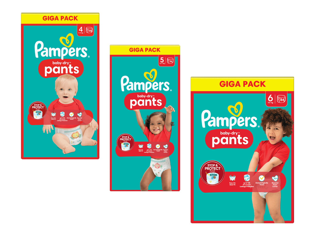 Pampers-vaippahousut eri kokoisina vauvoille ja taaperoille.