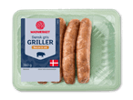 Pakkede grillpølser med bacon og ost, 360g, med dansk flag og information om holdbarhed.