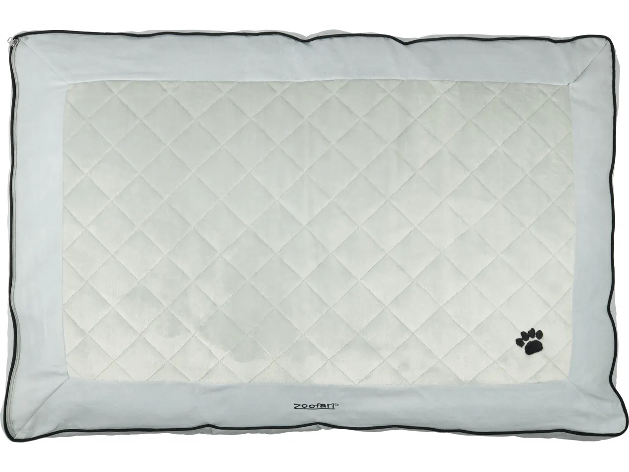 ZooFari quilted pet bed in light grey with a paw print.