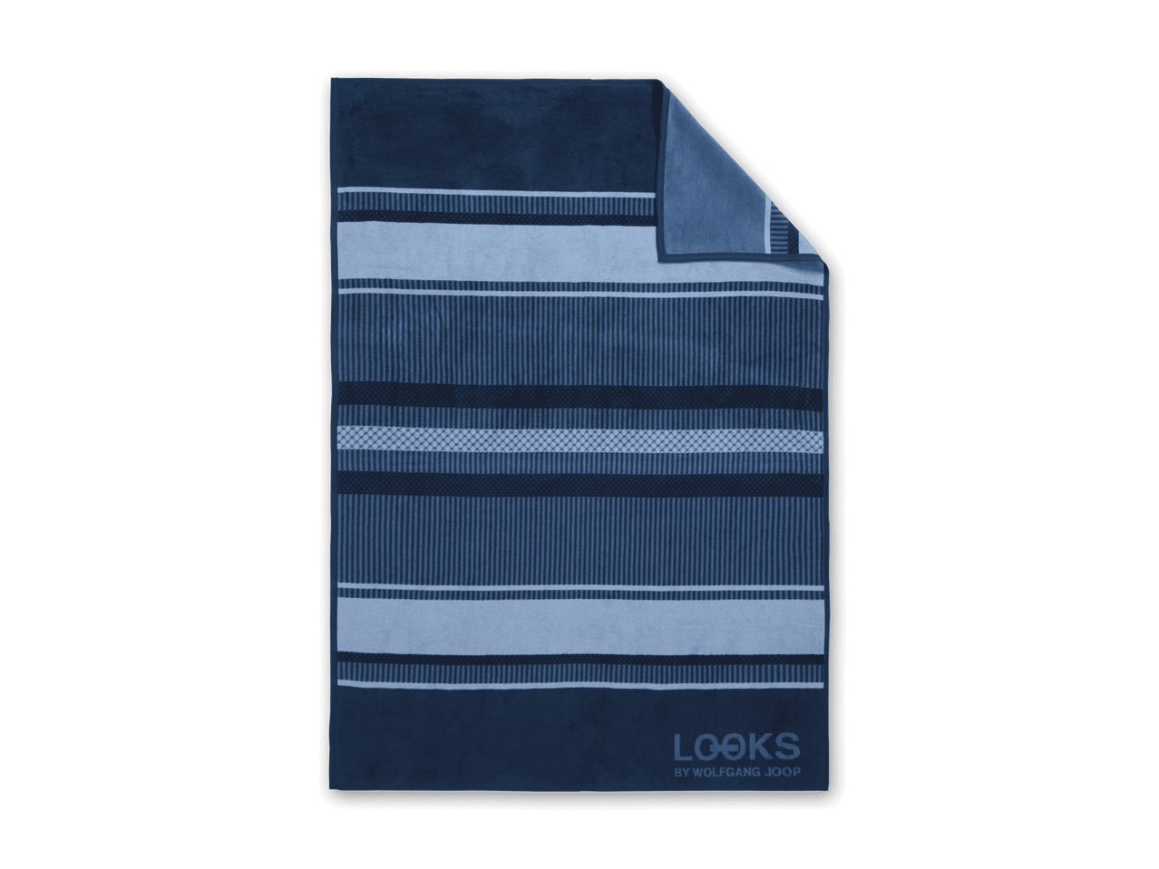 Ein blaues Handtuch mit Streifen und dem Logo „LOOKS BY WOLFGANG JOOP“.
