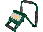 Luz de trabalho LED verde e cinzenta com suporte ajustável e pegas.