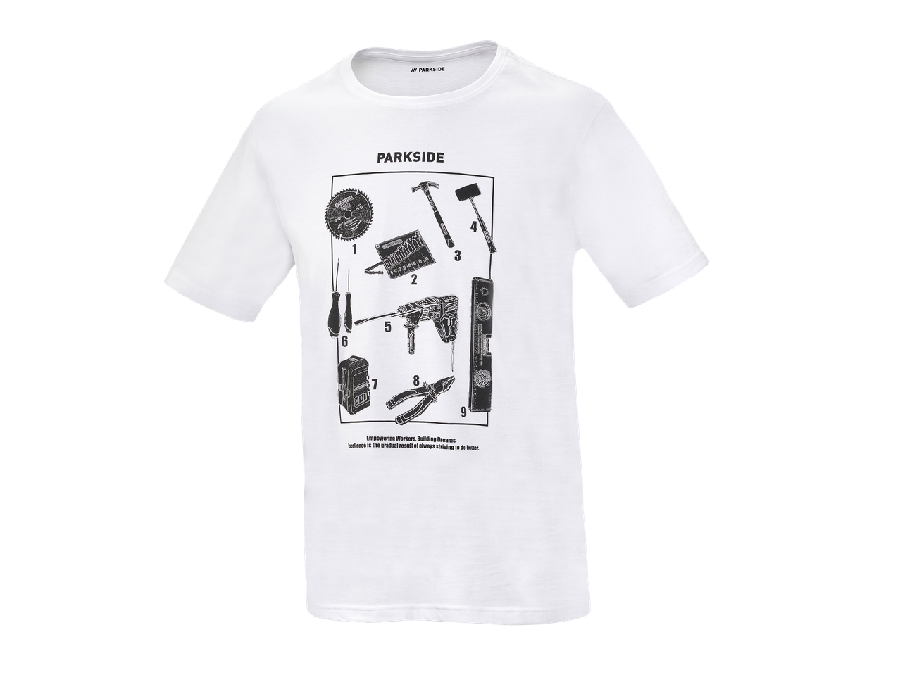 T-shirt blanc avec un motif d'outils de bricolage et le texte 'Empowering Workers, Building Dreams.'