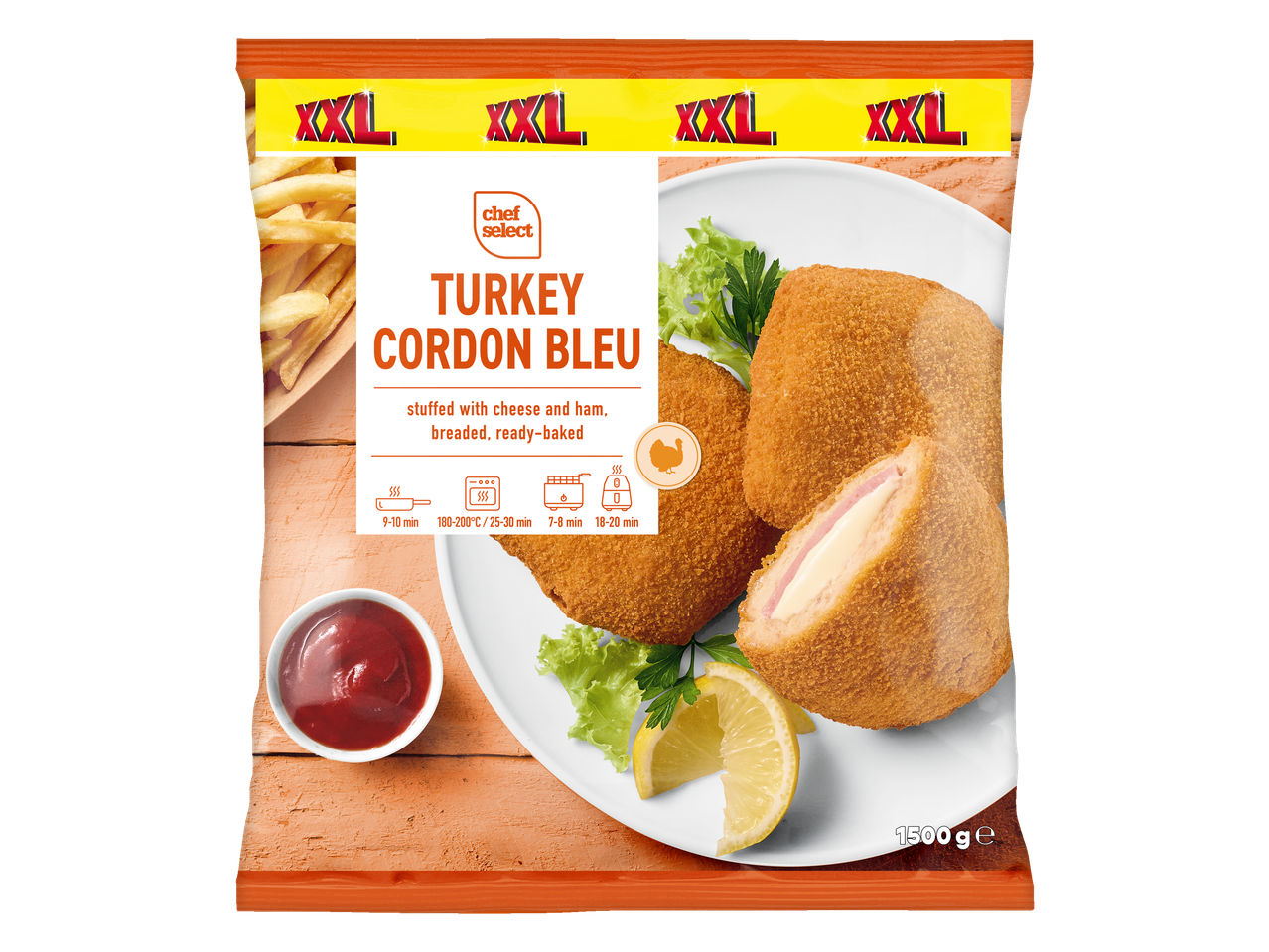 Chef Select XXL kalakutienos cordon bleu, apkeptas ir paruoštas kepimui.