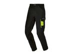 Black work trousers with neon yellow accents and stitching