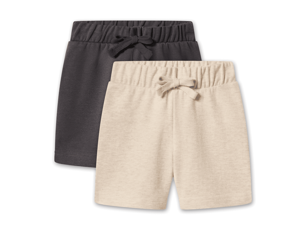 Zwei Shorts für Babys, eine in Dunkelgrau und eine in Beige, mit Kordelzug.