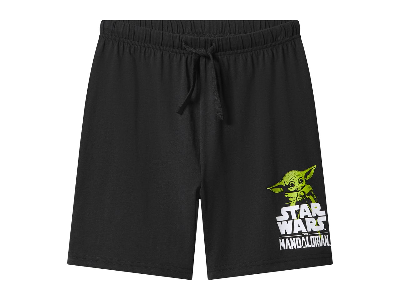 Black shorts with a green Grogu (Baby Yoda) graphic and 'Star Wars The Mandalorian' text.