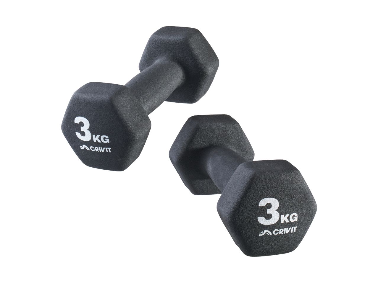 Two black 3kg dumbbells with hexagonal ends and the brand Crivit visible.