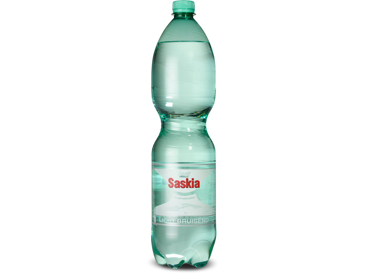 Een 1,5 liter fles Saskia licht bruisend mineraalwater.