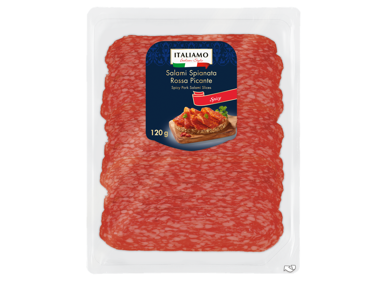 ITALIAMO Salami Spianata Rossa Picante: Aštrūs itališko stiliaus kiaulienos saliamio griežinėliai.