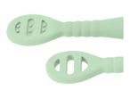 Two light green silicone baby teethers with textured surfaces and cut-out designs.