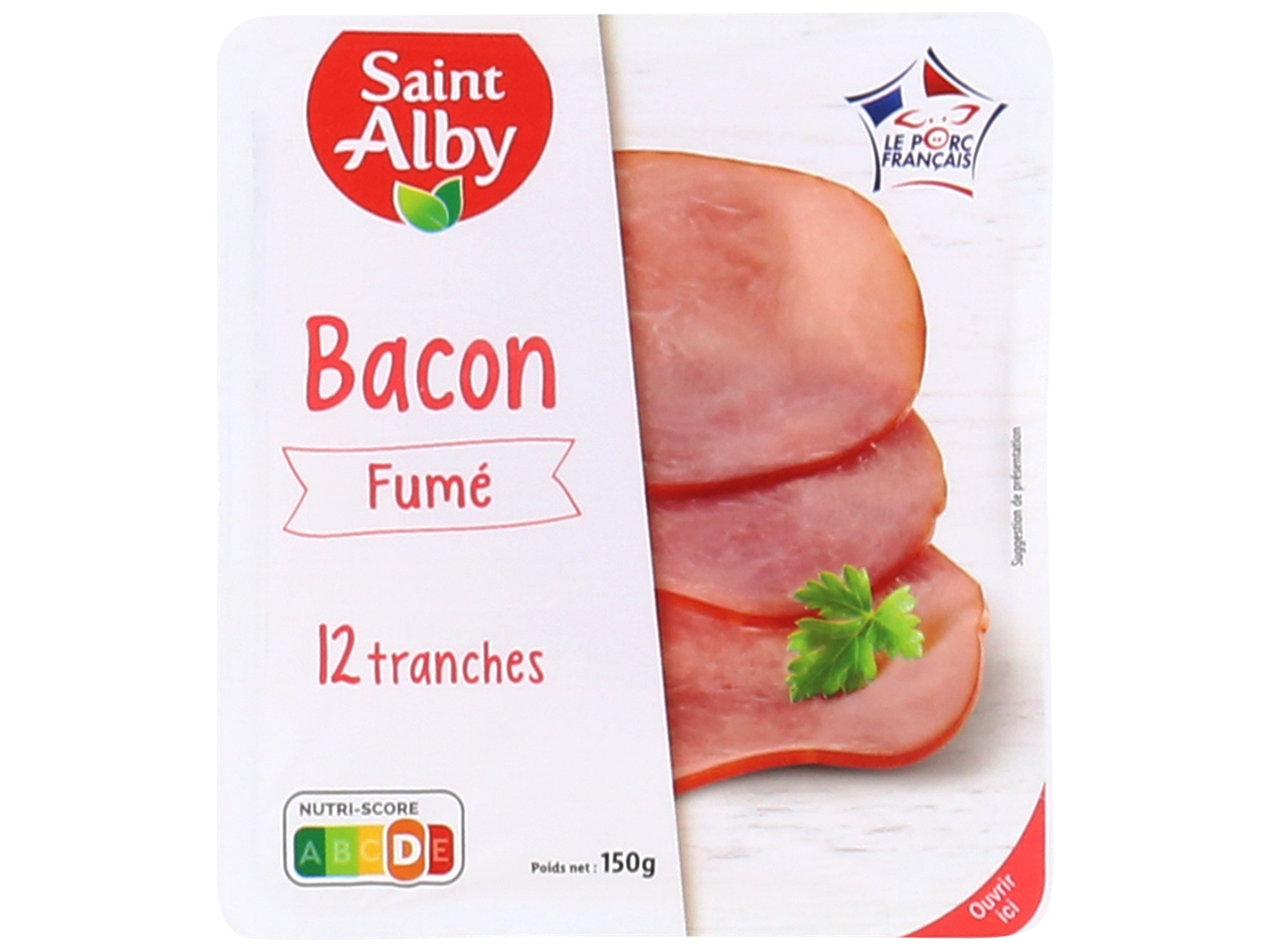 Paquet de bacon fumé de 12 tranches, poids net 150g, avec Nutri-Score D.