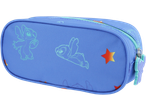 Estojo azul com padrões Stitch e estrelas, fecho turquesa e puxador Stitch.