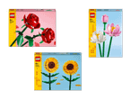 Drei LEGO Blumen-Sets: Rosen, Sonnenblumen und Lotusblumen.