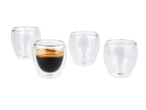 Set van vier dubbelwandige glazen, één met espresso.