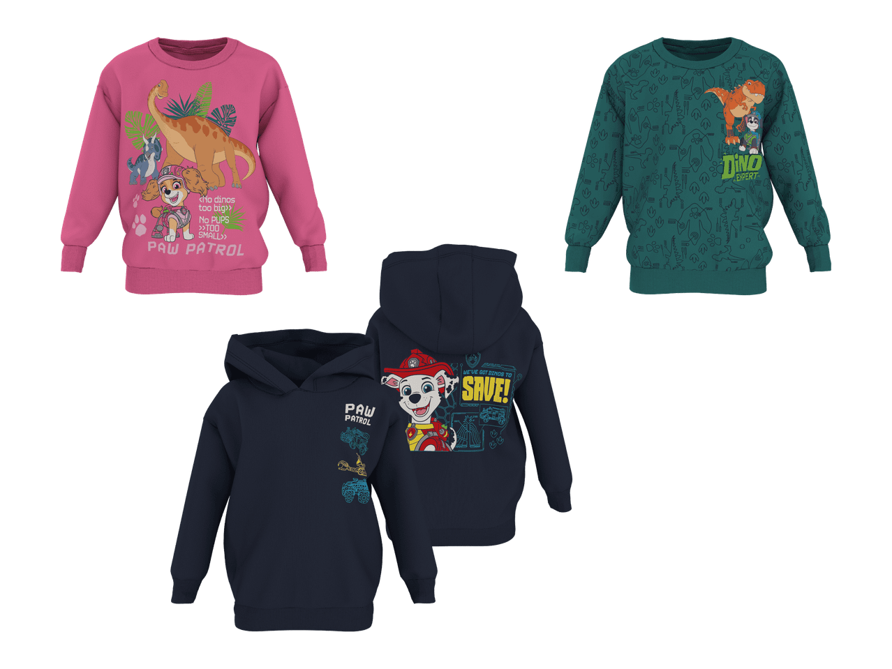 Lasten huppareita ja collegepaitoja värikkäillä dinosaurus- ja koirakuoseilla.